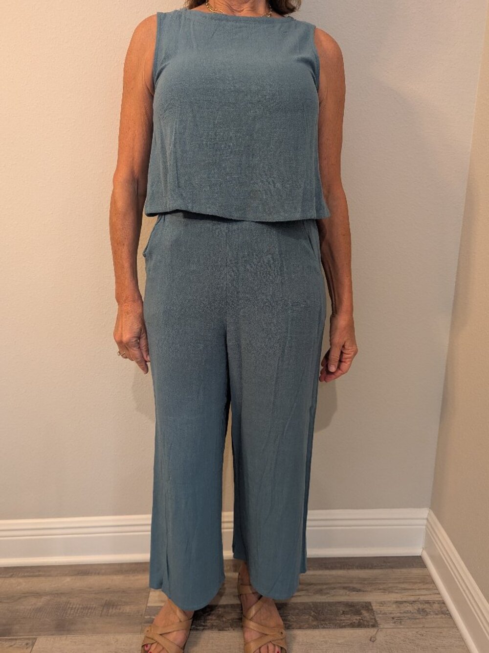 ANRABESS Linen 2 Piece Sleeveless Set Crop Top Capri Wide Leg NEVER WORN size S